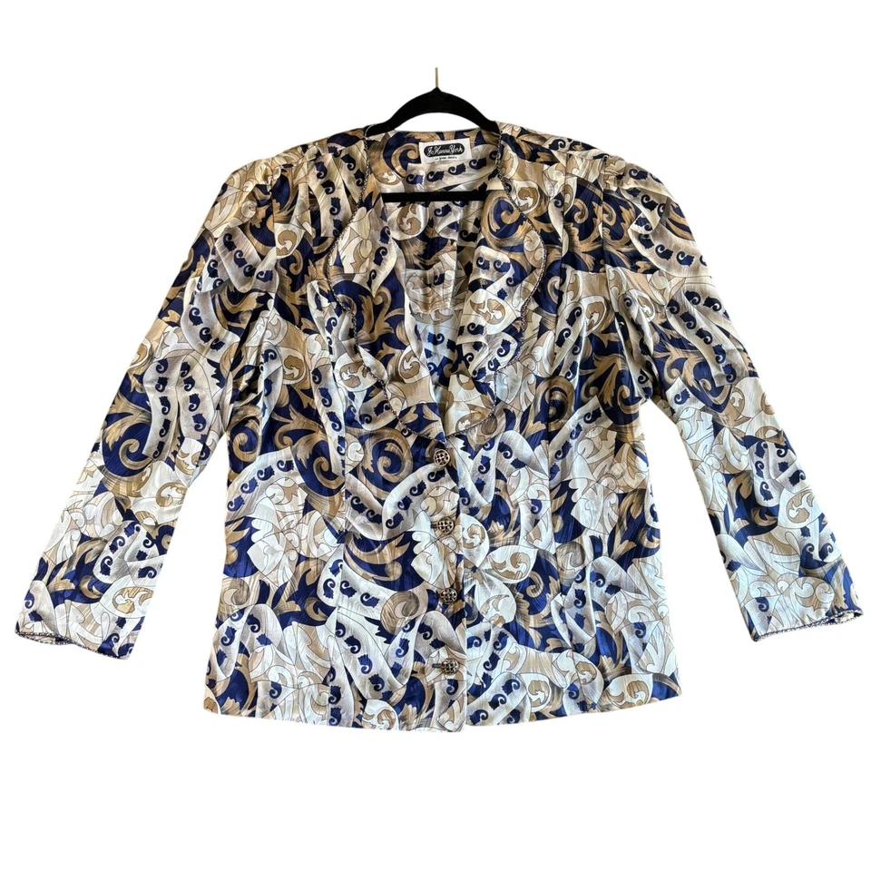 JoHanna York Joan Davis Blazer Size 18 Gold Blue White Paisley Pattern Jacket - Image 1 of 4