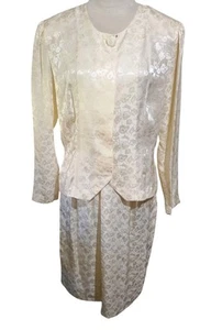 Patrick 2PC Skirt Suit Knee Length Short Sleeve Ivory Floral Silk Button Up 10 - Picture 1 of 16