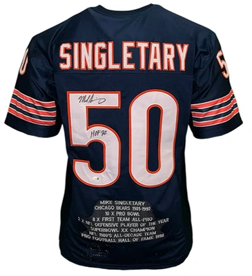 Camiseta de fútbol americano firmada por Mike Singletary Chicago Blue Stat inscripción JSA HOF Foto 1 de 4