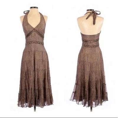 Vestido Cache Talla 6 Halter Sin Espalda Bronce Brillante Mezcla Seda Forrado Foto 1 de 4