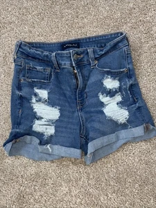 Aeropostle Denim Blue Jean Midi High Rise Shorts Size 8 Womens Distressed - Picture 1 of 3
