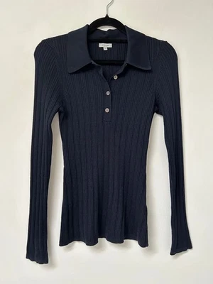 JIGSAW Navy Fine Pointelle Ribbed Knit Wool Blend Collared Jumper S UK8-10 £99 - Image 1 of 4