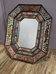 Mirror Octagonal Latinex 24" X 20" Wall Hanging Reverse Painted Floral - Picture 1 of 18