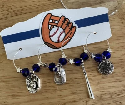 Baseball Wine Charms, Blue Silver Team Baseball Wine Charms, 4 Wine Charms🍷⚾️🧢 - Image 1 of 4