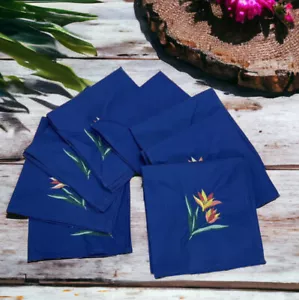 Cloth Dinner Napkins Set of 8 Royal Blue Machine Embroidered Bird of Paradise - Picture 1 of 8