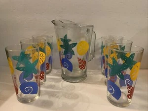 Rare VTG Libbey Glass Pitcher & 6 Tumbler Glasses W/ Bright Colors SeaShells - Picture 1 of 12