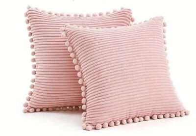 Blush Pink Corduroy Boho Pillow Covers With Pom Poms, 2pc,18x18 Foto 1 de 4