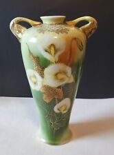 Antique Nippon Vase, Japan, Hand-Painted, Lillies, Gold, Moriage, Vintage, Green