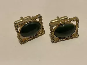 Cufflinks Jade gold color steel cuff Shirt button Men's Set VTG - Picture 1 of 2