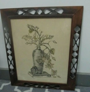 1940's A. Harrison Pencil Signed Listed Artist wood carved frame dogwood - Picture 1 of 8
