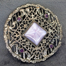 Vintage Victorian Purple Satin Czech Glass Silver Filigree Brooch Old C Clasp