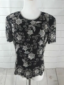  Vintage 80s Beaded Black and Silver Crop Top  sz Med Adrianna Papell zipup back - Picture 1 of 9