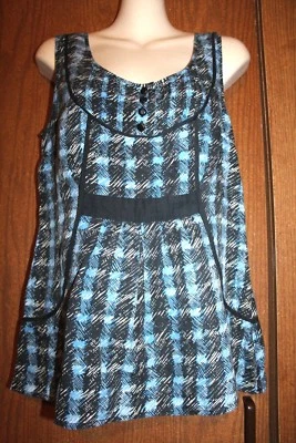 odille Silk/Cotton Multicolor Plaids Scoop Neck 1/2 Button Up Pleated Tank Top 2 - Image 1 of 4