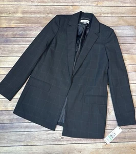 Calvin Klein Womens Windowpane Notch Lapel Long Sleeve Open Front Jacket Black 8 - Picture 1 of 5