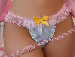 Baby Blue Sissy Lolita Frilly String Bikini Shiny Satin Brief Panties 33-44" L - Picture 1 of 5