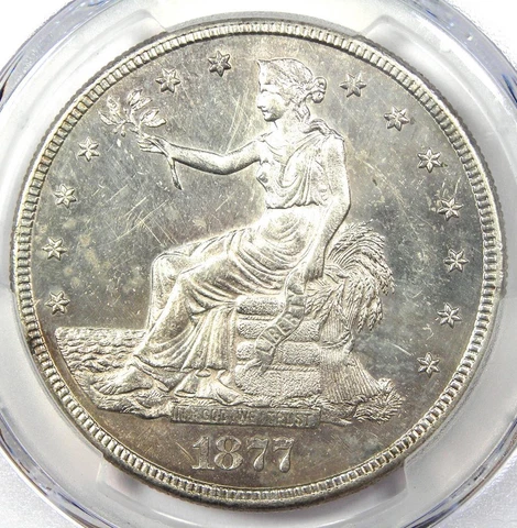 1877-S Trade Silver Dollar T$1 Coin. Certified PCGS Uncirculated Detail (UNC MS) Cover
