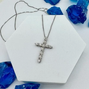 Cross Necklace Brilliant Cut Natural Diamonds Illusion Setting SK9 925 18” - Picture 1 of 16