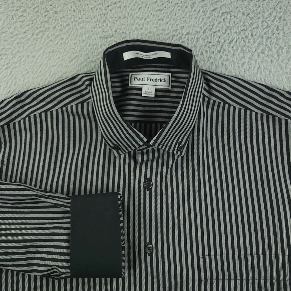 Camisa Paul Fredrick Para Hombre Grande Negra Gris Rayas Calce Ajustado Sin Planchar Abotonada Foto 1 de 4
