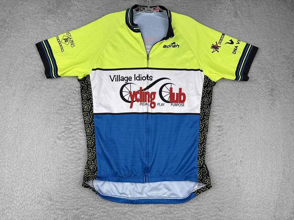 Borah Village Idiots 自行车俱乐部自行车球衣男式 XL 黄色蓝色全拉链美国 — 第 1/4 张图片