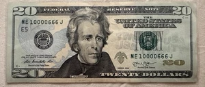 😎COOL😎 $20 Dollar Bill US Fancy Serial Number 666 Devil’s Number 💥10000666💥 - Picture 1 of 4