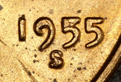 BU Red 1955-S Cent Error-Multiple Die Chips Filled 9, 5, and Mint Mark (2) - Image 1 of 3