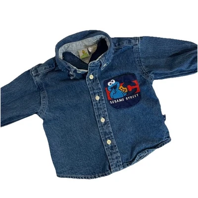 Sesame Street Vintage Cookie Monster Denim Button Down 12 Months 100% Cotton - Image 1 of 4