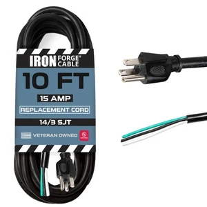 14 AWG Replacement Power Cord with Open End - 10 Ft Black Extension Cable - Picture 1 of 7
