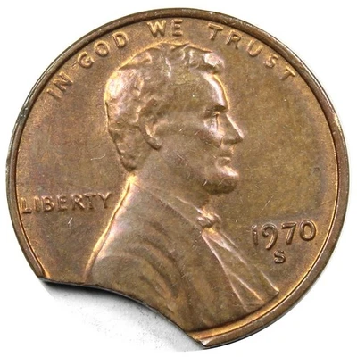 1970-S Lincoln Memorial Cent AU+ ALMOST UNC 10% Curved Clip ERROR COIN A2479 - Image 1 of 2