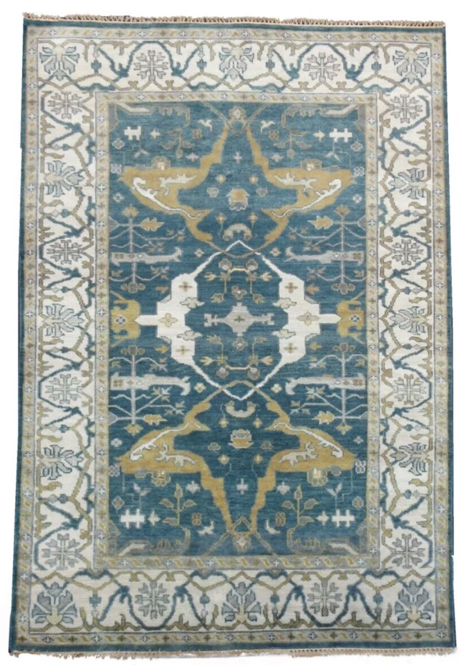 Tapete de área oriental 6X9 azul Oushak com nós à mão lã (6' X 8'11") - Imagem 1 de 4