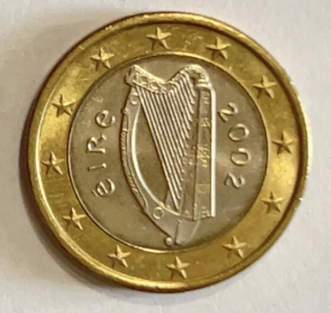 2002 IRELAND 1 EURO, Eire Celtic Harp Bimetallic Coin, KM#38 Cover