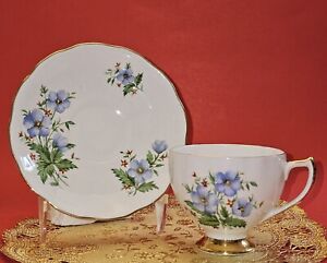 Rare Royal Vale Bone China Cup And Saucer Blue & Red Flowers Gold Trim & Base