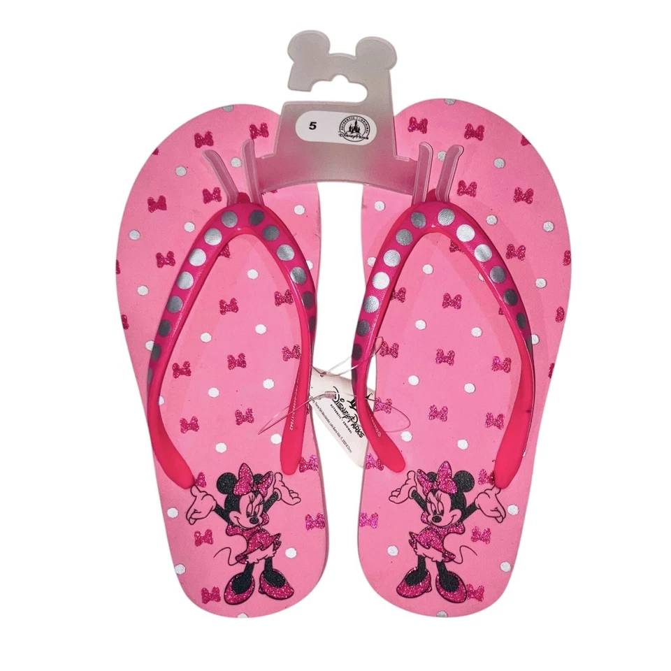Chanclas para mujer Minnie Mouse rosa plata lazos brillantes de los parques de Disney 5 nuevas con etiquetas Foto 1 de 3