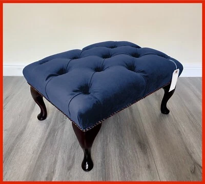 Chesterfield Buttoned Queen Anne Dark Blue Velvet Footstool - Image 1 of 4