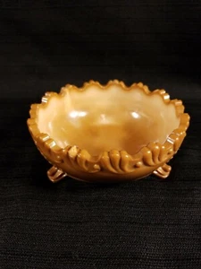 Greentown Indiana Chocolate Carmel Brown Slag Glass Leaf Bracket Sauce Dish - Picture 1 of 10