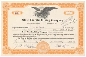 Alma Lincoln Mining Company. Aktienzertifikat. Colorado. 1935 - Bild 1 von 1