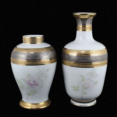 Vintage Set Vase Und Übertopf Porzellan Ulises Dekoration Gold De Ley Spain 80's - Bild 1 von 4