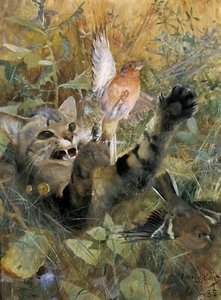Bruno Liljefors : "A Cat and a Chaffinch" (1885) — Giclee Fine Art Print - Picture 1 of 7