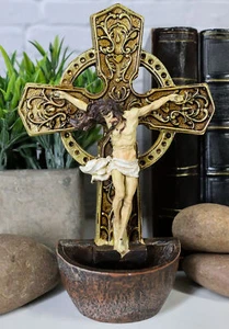 Jesus On The Cross Crucifix Wall Mount Or Desktop Dresser Plaque Holy Water Font - Picture 1 of 9
