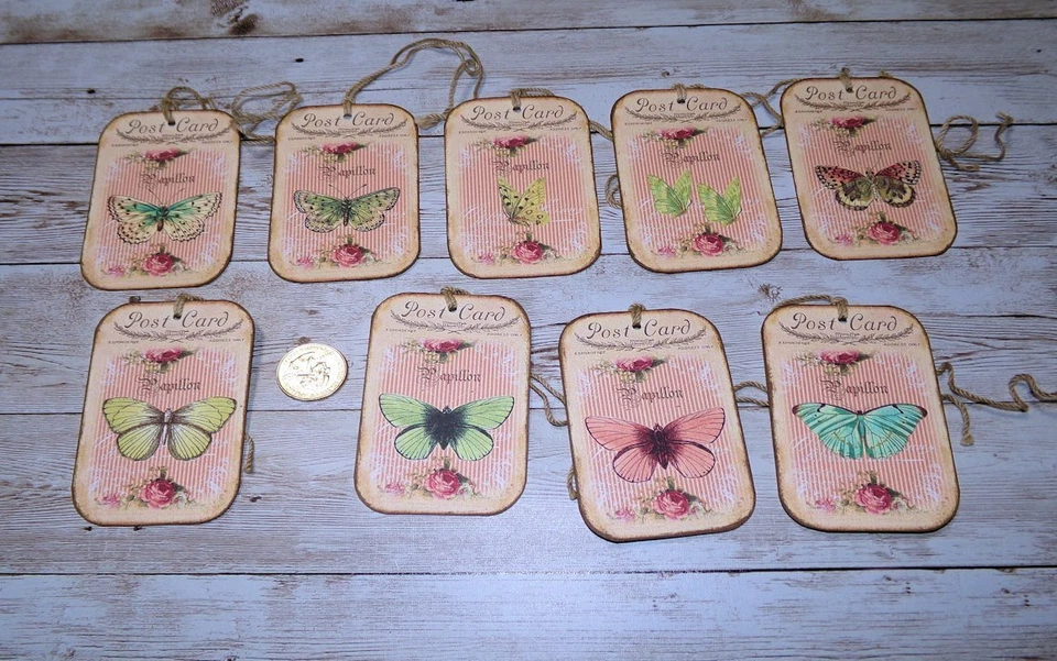 9~Vintage~Shabby Chic~Mariposa~Diario basura~Cartutería de lino~Regalo~Colgar~Etiquetas Foto 1 de 1