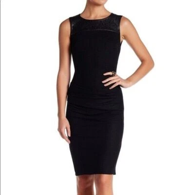 Halston Heritage Sheath Dress Leather Cutout Wool Ruched Sleeveless Scoop Neck L - Image 1 of 4