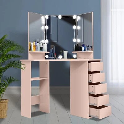 Juego de tocador tocador, escritorio iluminado de maquillaje con espejo y cajón y estantes Foto 1 de 4