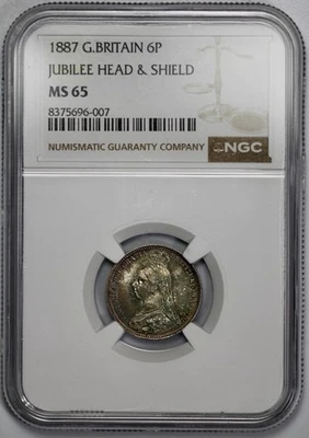 1887 Great Britain Silver 6p Sixpence NGC MS 65 Jubillee Head & Shield Toned - Image 1 of 4