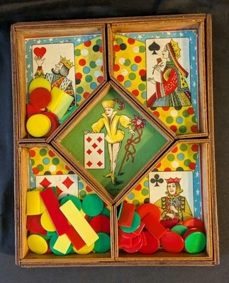 Jeux de Nain Jaune Vintage, boîte et casiers Bois, jetons plastique - Photo 1/4