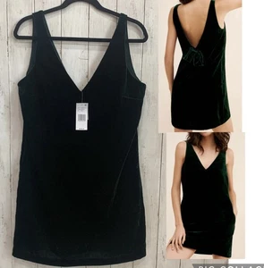 NWT  WAYF Natalie Green Velvet V- Neck Sleeveless Mini Dress Lined Pockets Bow - Picture 1 of 16