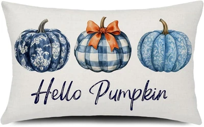 Fall Pillow Cover 12x20 inch Chinoiserie Blue Plaids Check Pumpkins Throw Pillow - Image 1 of 4