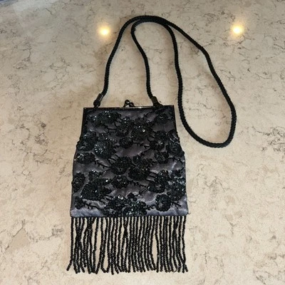 Vintage Style Black Lancome Beaded Sequined Evening Purse Clutch Bag Shoulder  - Image 1 of 4