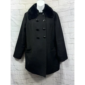 Next Black Pea Coat Barrel iz 14 Removable Fur Hood Double Breast Dark Academia - Picture 1 of 10