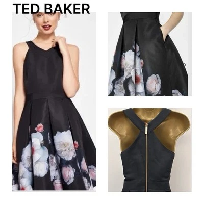 Ted Baker 2 UK10 EU38 US6 London Black Floral Jelina Chelsea Full Skirt Dress - Image 1 of 4