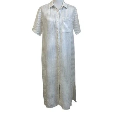 Eileen Fisher Womens Linen Striped Button Up Shirt Dress XXS Beige Short Sleeve - Image 1 of 4