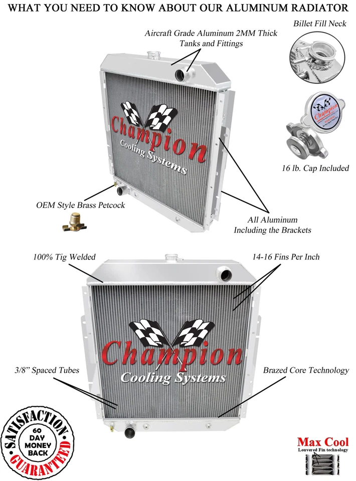 4 Row Kool Champion Radiator for 1968 69 70 71 72 73 74 75 76 1977 Ford F-Series Foto 1 de 4